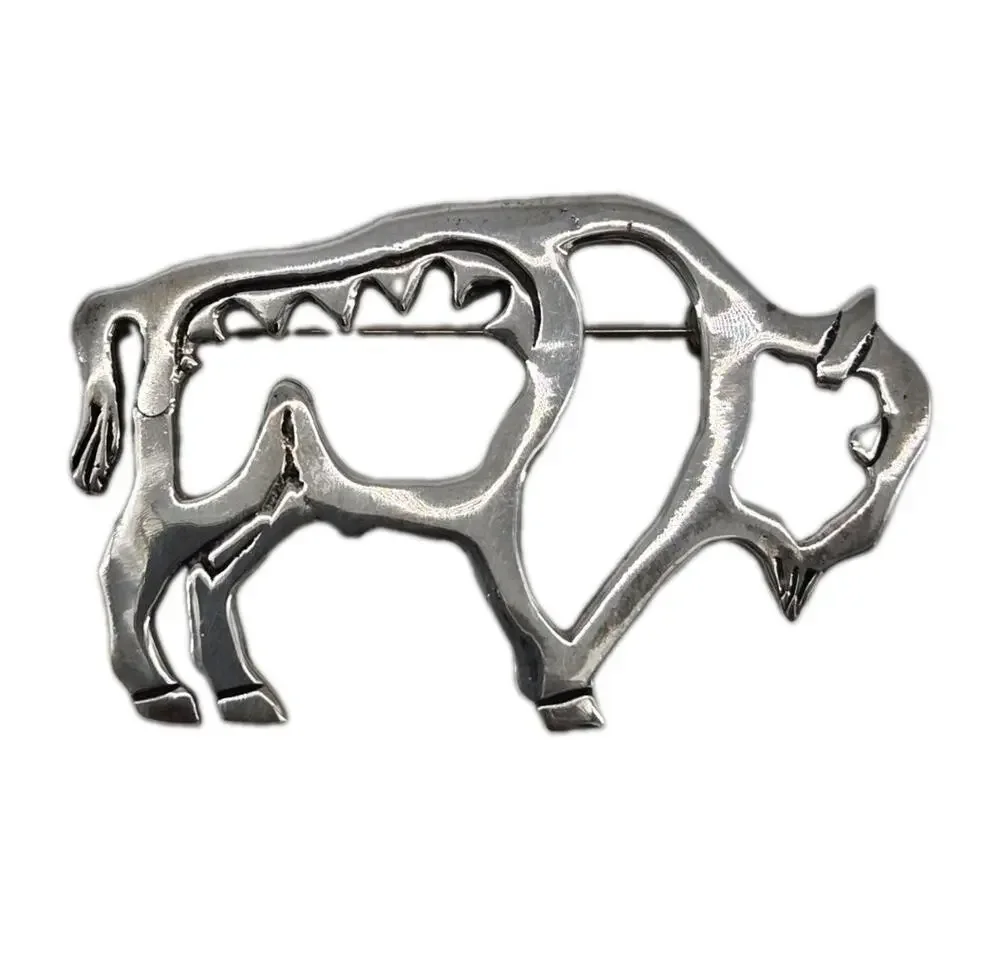 Vtg 70s Sterling Navajo GS Glen Irene Sandoval Buffalo Bison Outline Brooch Pin